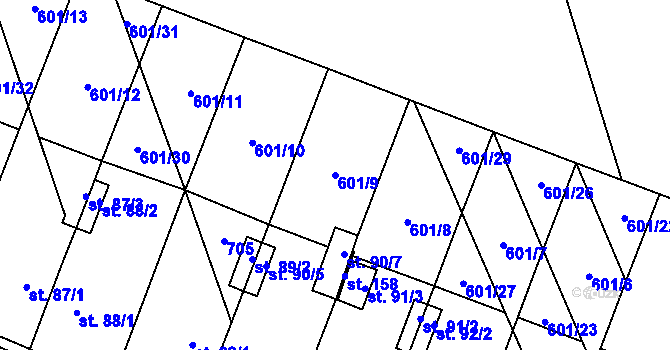 Parcela st. 601/9 v KÚ Rybníček, Katastrální mapa