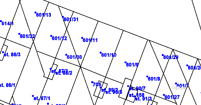Parcela st. 601/10 v KÚ Rybníček, Katastrální mapa