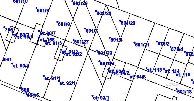 Parcela st. 601/23 v KÚ Rybníček, Katastrální mapa