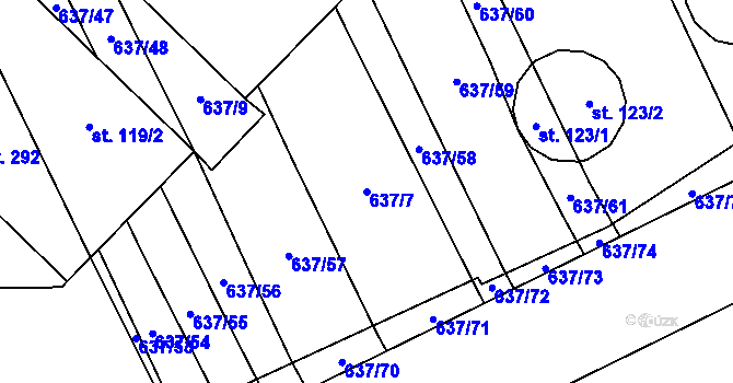 Parcela st. 637/7 v KÚ Rybníček, Katastrální mapa