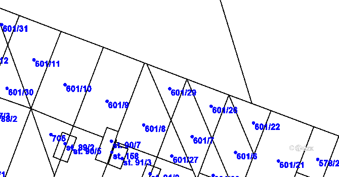 Parcela st. 601/29 v KÚ Rybníček, Katastrální mapa
