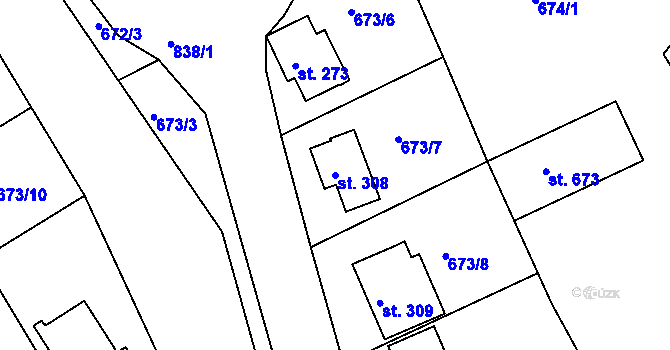 Parcela st. 308 v KÚ Měchenice, Katastrální mapa
