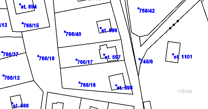 Parcela st. 597 v KÚ Měchenice, Katastrální mapa