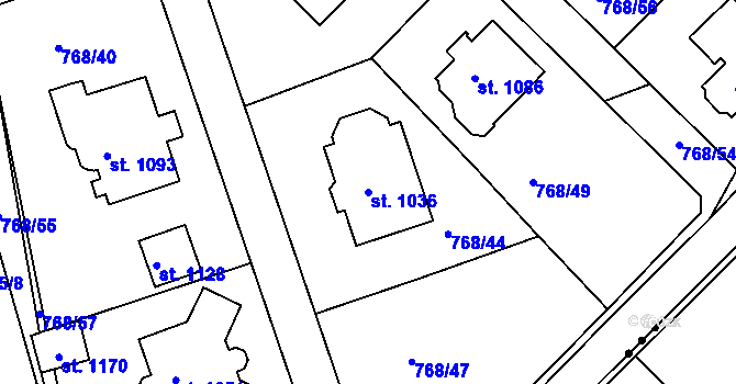 Parcela st. 1036 v KÚ Měchenice, Katastrální mapa
