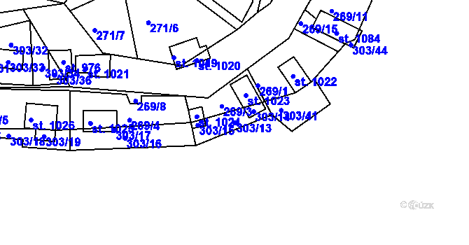 Parcela st. 303/13 v KÚ Měchenice, Katastrální mapa