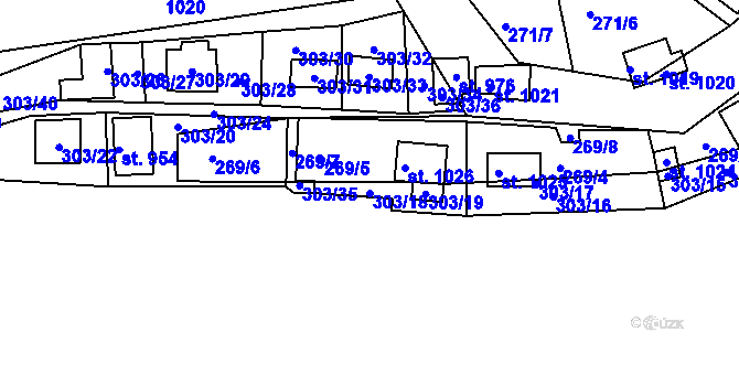 Parcela st. 303/18 v KÚ Měchenice, Katastrální mapa