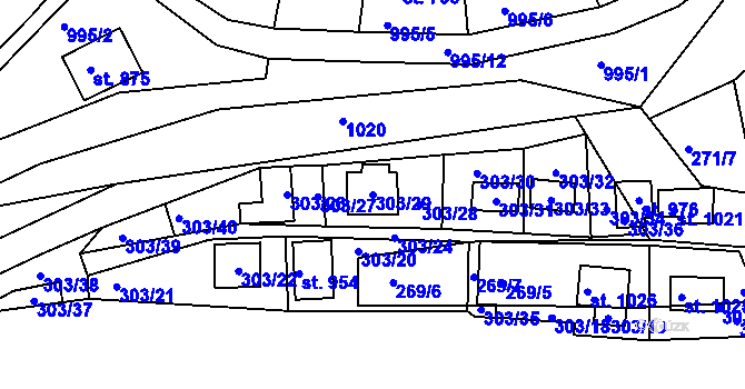 Parcela st. 303/29 v KÚ Měchenice, Katastrální mapa