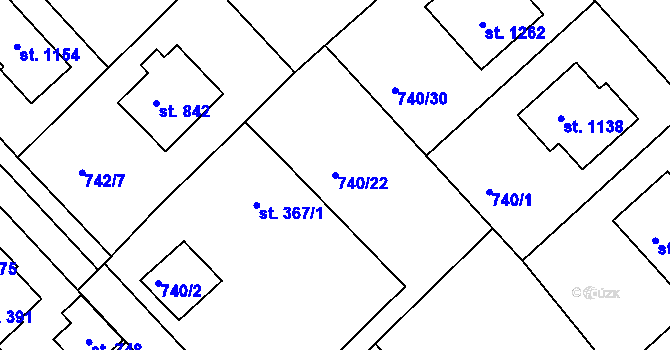 Parcela st. 740/22 v KÚ Měchenice, Katastrální mapa