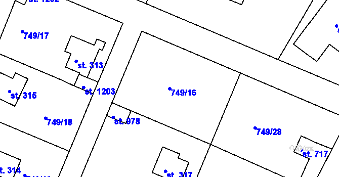 Parcela st. 749/16 v KÚ Měchenice, Katastrální mapa
