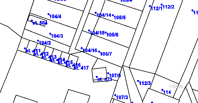 Parcela st. 105/7 v KÚ Melč, Katastrální mapa