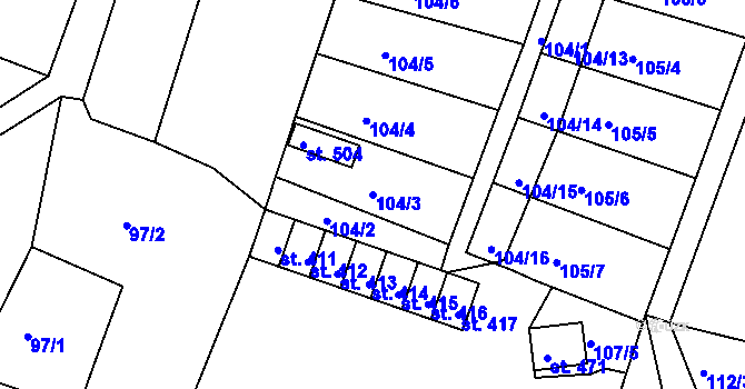 Parcela st. 104/3 v KÚ Melč, Katastrální mapa