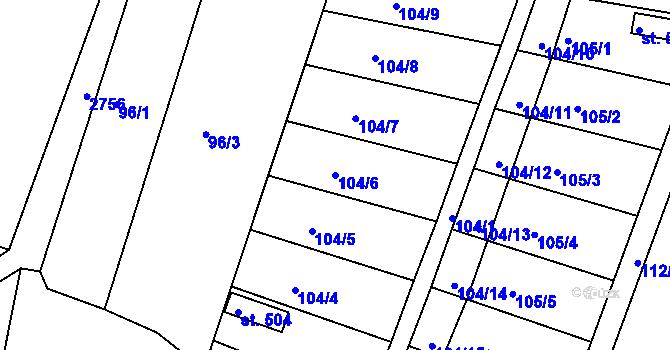 Parcela st. 104/6 v KÚ Melč, Katastrální mapa