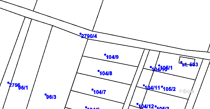 Parcela st. 104/9 v KÚ Melč, Katastrální mapa
