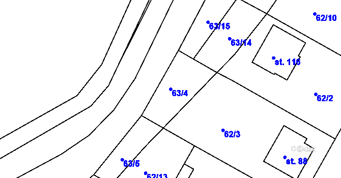 Parcela st. 63/4 v KÚ Mělice, Katastrální mapa