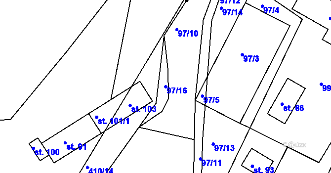 Parcela st. 97/16 v KÚ Mělice, Katastrální mapa