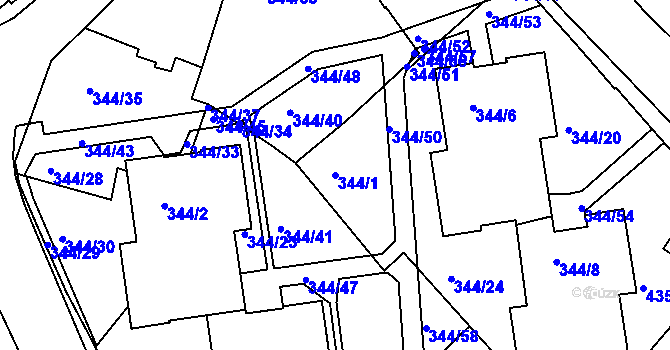 Parcela st. 344/1 v KÚ Mělník, Katastrální mapa