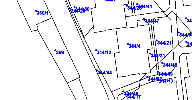 Parcela st. 344/12 v KÚ Mělník, Katastrální mapa