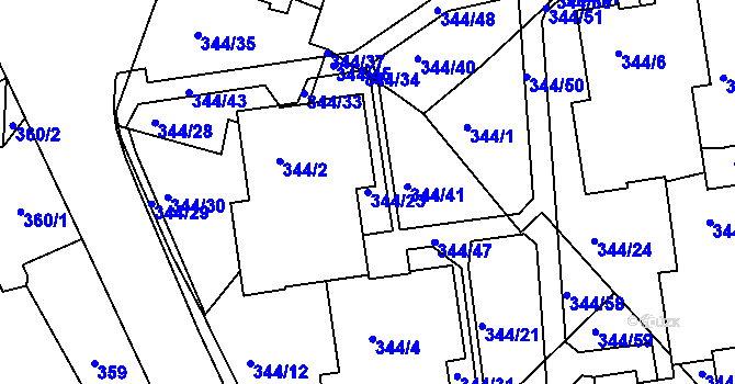Parcela st. 344/23 v KÚ Mělník, Katastrální mapa