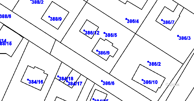 Parcela st. 386/9 v KÚ Mělník, Katastrální mapa