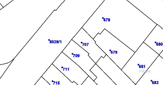 Parcela st. 707 v KÚ Mělník, Katastrální mapa