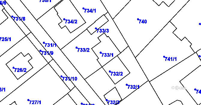 Parcela st. 733/1 v KÚ Mělník, Katastrální mapa