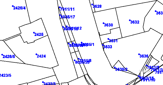 Parcela st. 3635/1 v KÚ Mělník, Katastrální mapa