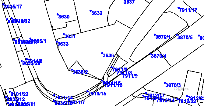 Parcela st. 3636 v KÚ Mělník, Katastrální mapa