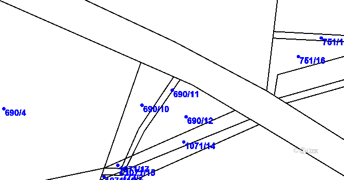 Parcela st. 690/11 v KÚ Měňany, Katastrální mapa