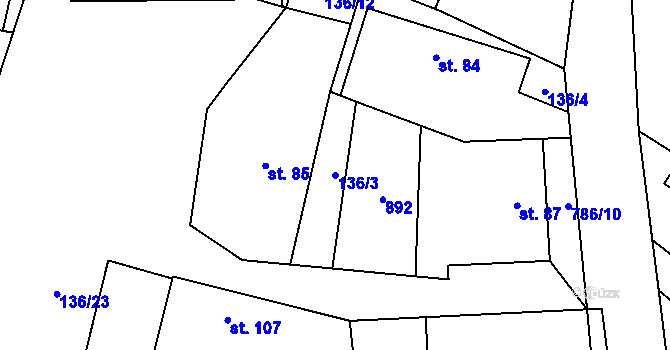 Parcela st. 136/3 v KÚ Měník u Nového Bydžova, Katastrální mapa