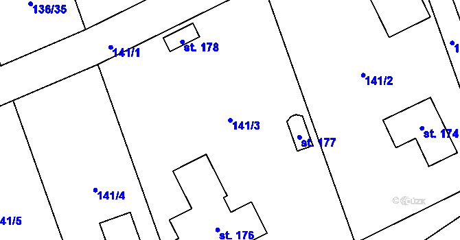 Parcela st. 141/3 v KÚ Měník u Nového Bydžova, Katastrální mapa