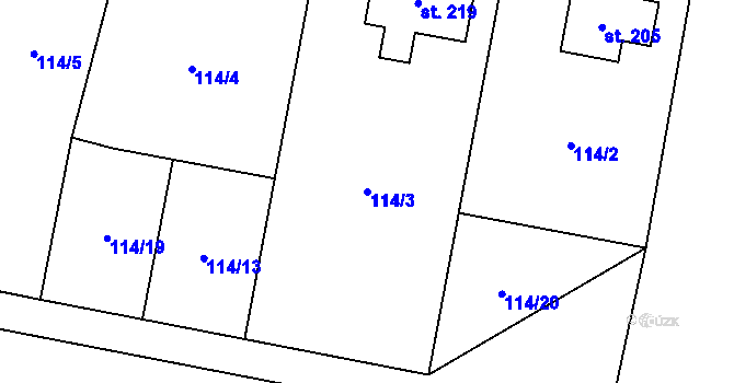 Parcela st. 114/3 v KÚ Měník u Nového Bydžova, Katastrální mapa