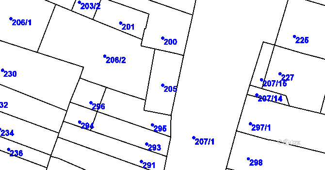 Parcela st. 205 v KÚ Měnín, Katastrální mapa