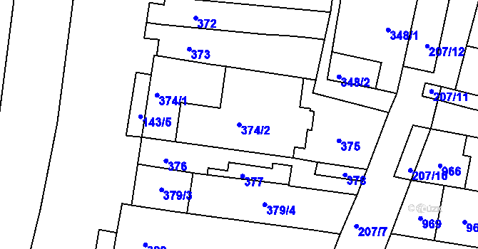 Parcela st. 374/2 v KÚ Měnín, Katastrální mapa
