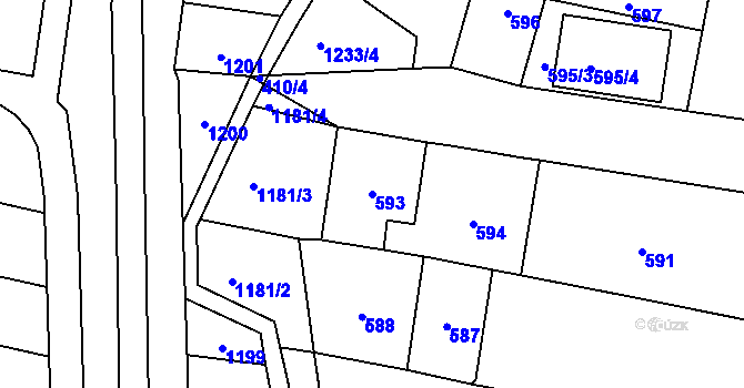 Parcela st. 593 v KÚ Měnín, Katastrální mapa