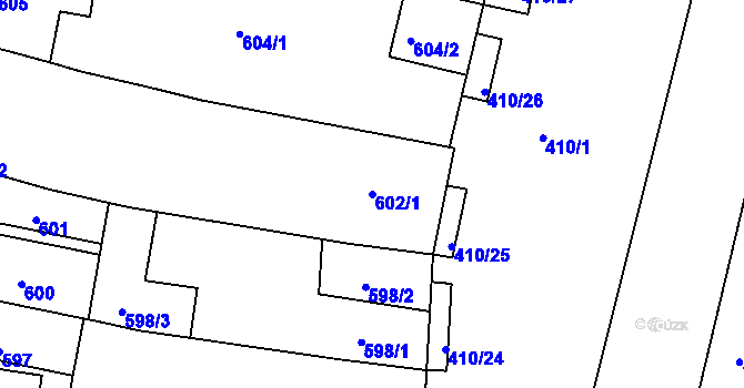 Parcela st. 602/1 v KÚ Měnín, Katastrální mapa