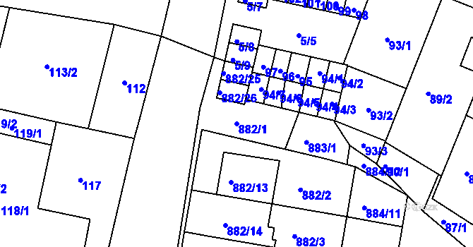 Parcela st. 882/1 v KÚ Měnín, Katastrální mapa