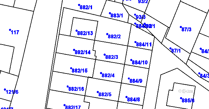 Parcela st. 882/3 v KÚ Měnín, Katastrální mapa