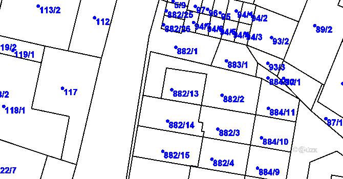 Parcela st. 882/13 v KÚ Měnín, Katastrální mapa