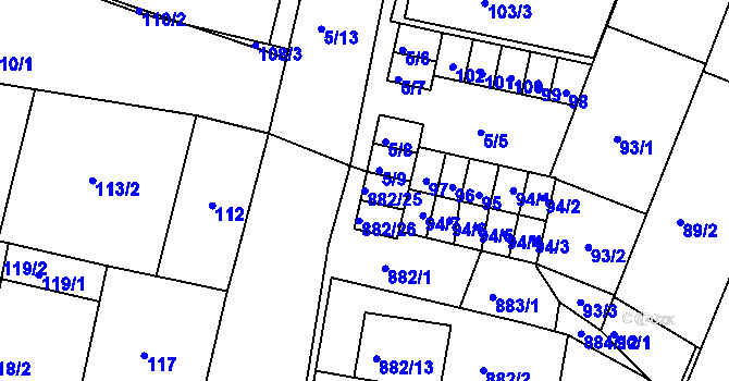 Parcela st. 882/25 v KÚ Měnín, Katastrální mapa