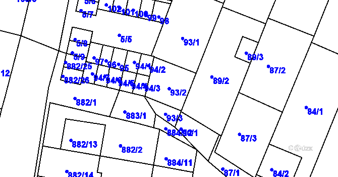 Parcela st. 93/2 v KÚ Měnín, Katastrální mapa