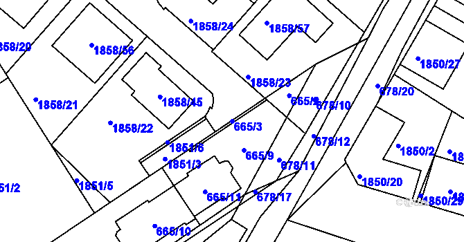 Parcela st. 665/3 v KÚ Měnín, Katastrální mapa