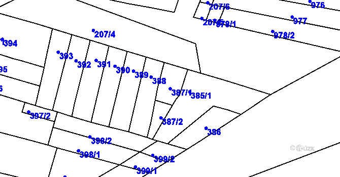 Parcela st. 387/1 v KÚ Měnín, Katastrální mapa