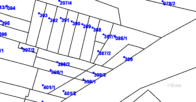 Parcela st. 387/2 v KÚ Měnín, Katastrální mapa