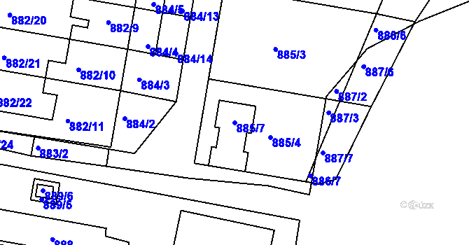 Parcela st. 885/7 v KÚ Měnín, Katastrální mapa