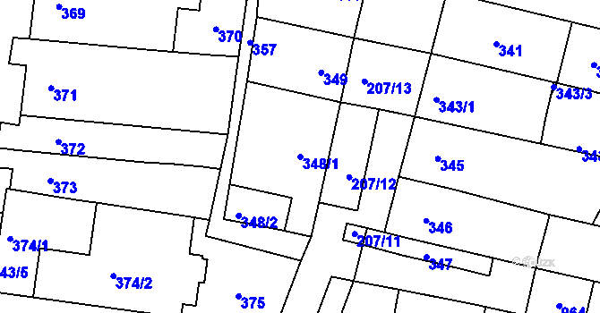 Parcela st. 348/1 v KÚ Měnín, Katastrální mapa