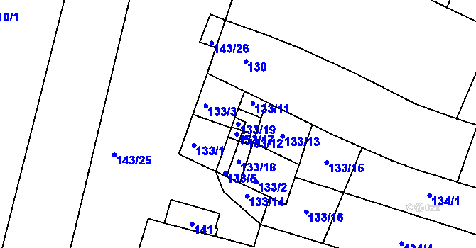 Parcela st. 133/19 v KÚ Měnín, Katastrální mapa