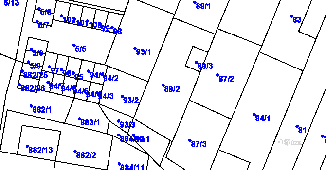 Parcela st. 89/2 v KÚ Měnín, Katastrální mapa