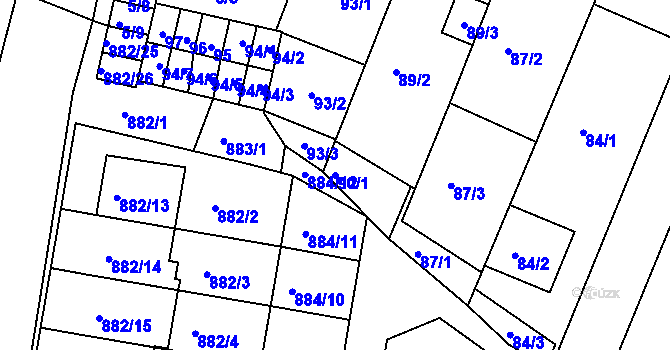 Parcela st. 90/1 v KÚ Měnín, Katastrální mapa