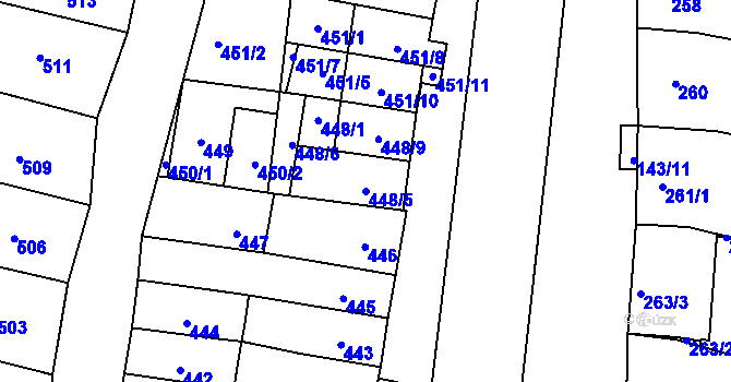 Parcela st. 448/5 v KÚ Měnín, Katastrální mapa