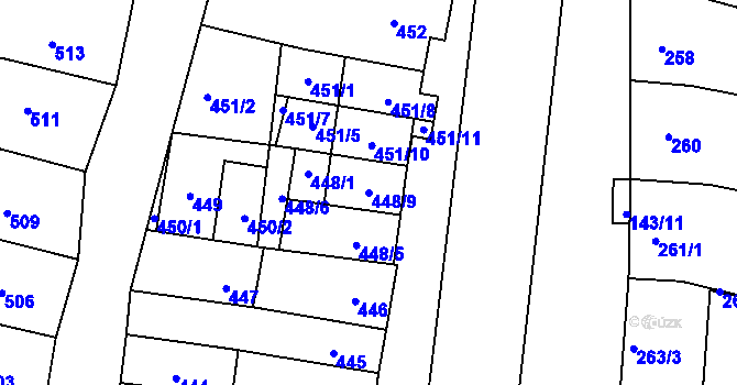 Parcela st. 448/9 v KÚ Měnín, Katastrální mapa
